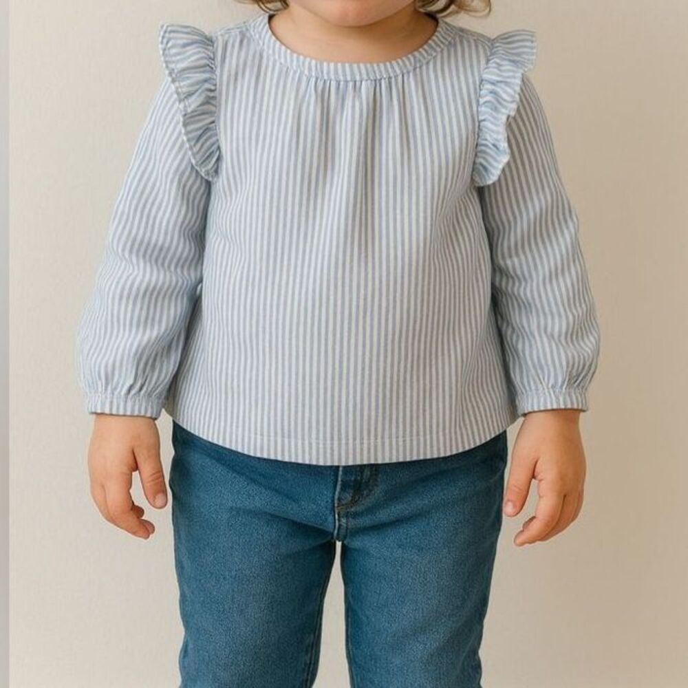 Carters Girls 18M Blue White Striped Ruffle Long Sleeve Blouse Top